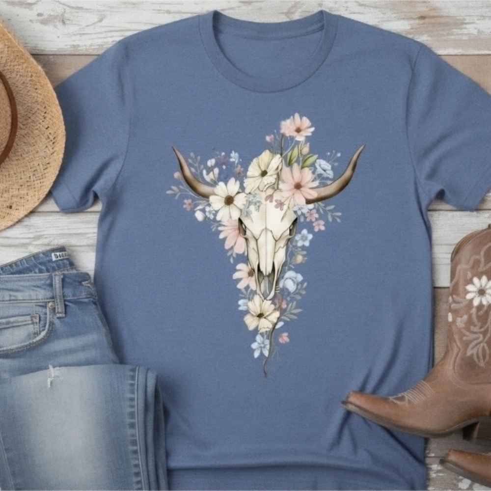 Floral Longhorn Skull Tee • Boho Western Cowgirl Graphic Shirt • Country Rodeo